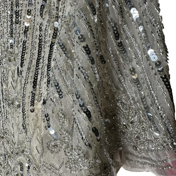 Mac Duggal Nude Silver Embellished Flutter Sleeve High Neck Dress 6 - Picture 6 of 13